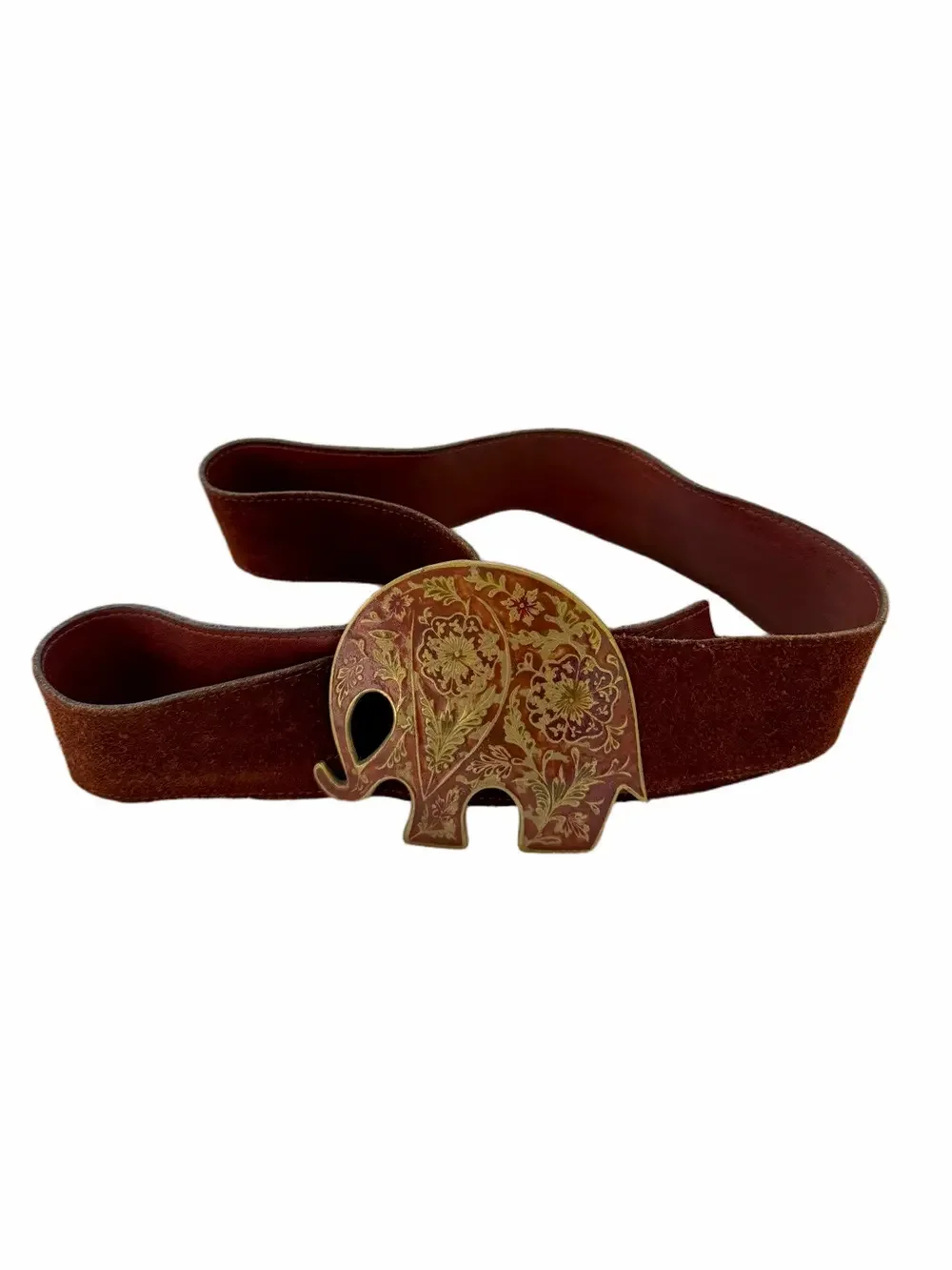 Enamel Brass Belt Buckle Elephant Floral Reddish Maroon Brown Detailed Vintage